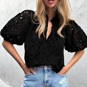 NWT • Black Eyelet Puff Sleeve Blouse